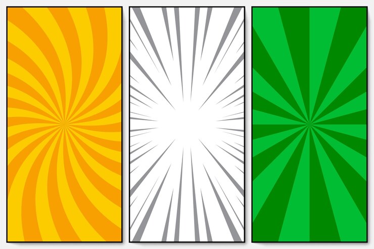 Vector Gratis set sinar oranye, hijau, putih, dan latar belakang spiral pop art retro