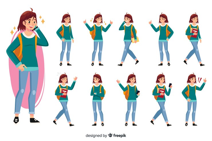 Vector Gratis set siswa dengan postur yang berbeda