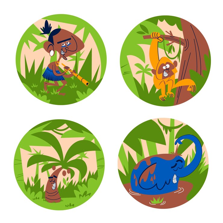 Vector Gratis set stiker hutan kartun retro