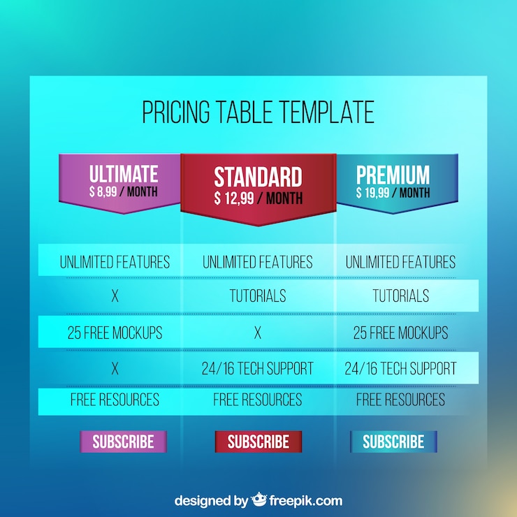 Vector Gratis set tabel penetapan harga