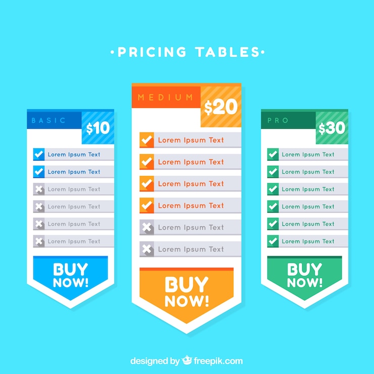 Vector Gratis set tabel penetapan harga