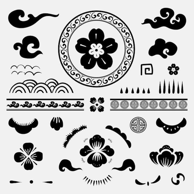Vector Gratis set tato sementara bunga tradisional cina hitam