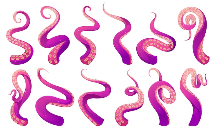 Vector Gratis set terisolasi tentakel gurita. kraken monster atau palpus cumi-cumi. antena hewan bawah air atau perasa dengan latar belakang putih. lengan atau kaki cephalopoda makhluk fantasi, palpus cthulhu. ikon vektor kartun