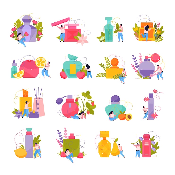 Vector Gratis set with isolated perfume flat icons of colorful jars and flasks with floral elements and people vector illustration