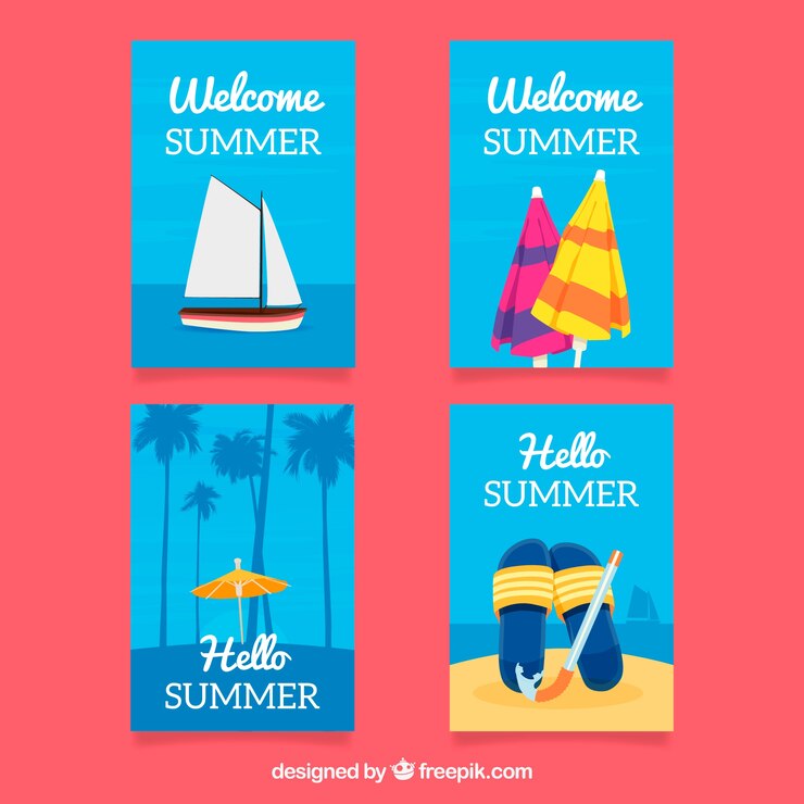 Vector Gratis several blue summer cards with flat items