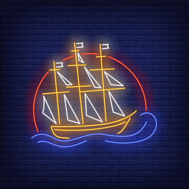 Vector Gratis ship sailing on sea waves neon sign