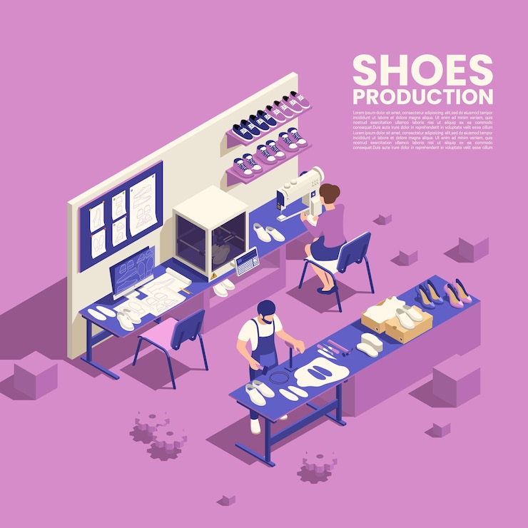 Vector Gratis shoes production poster with footwear quality symbols isometric illustration