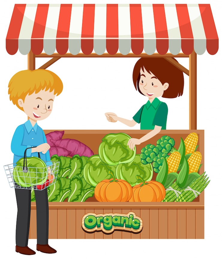 Vector Gratis shopkeeper and customer at vegetables vendor