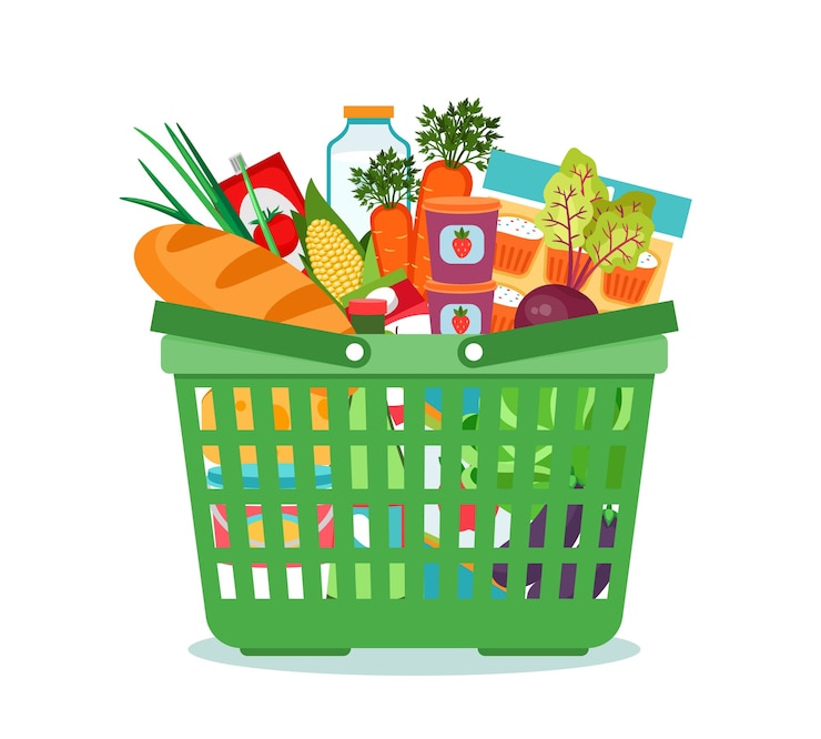 Vector Gratis shopping basket with food vector illustration. cart with product buy in supermarket. vector illustration