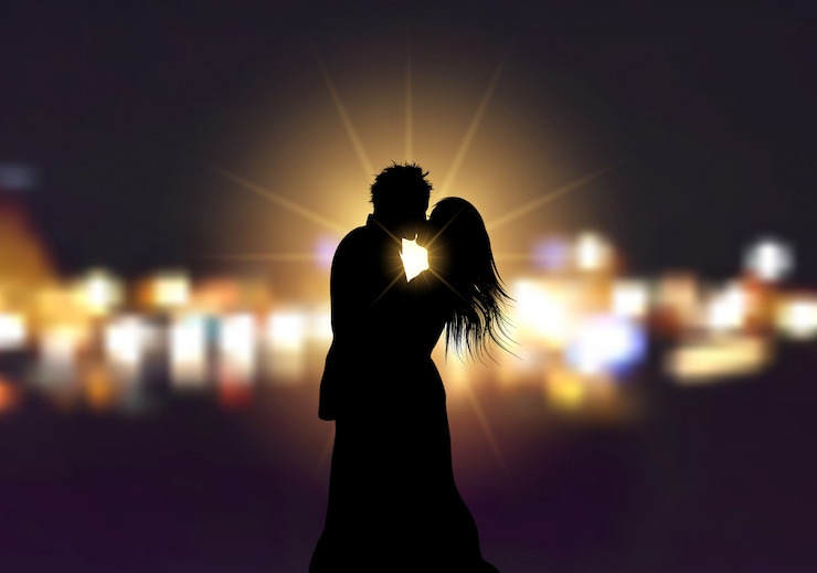 Vector Gratis silhouette of a loving couple on bokeh lights background