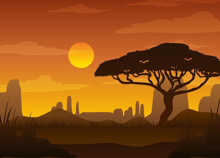 Vector Gratis silhouette savanna forest at sunset time