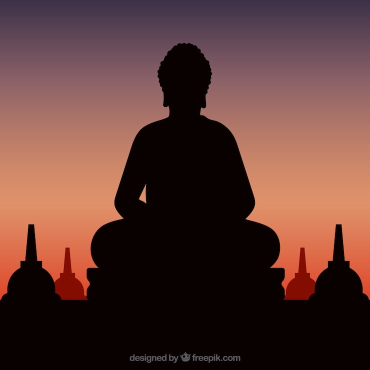 Vector Gratis siluet patung buddha dengan matahari terbenam