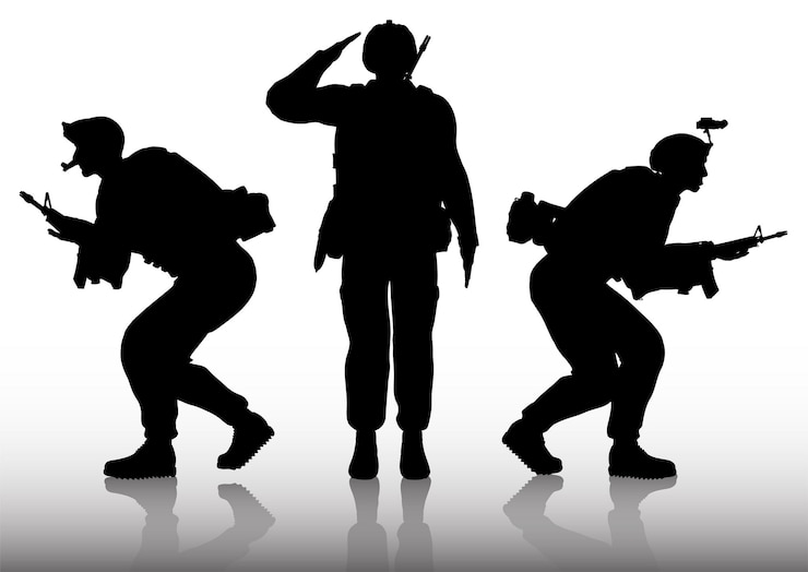 Vector Gratis siluet tentara di atas latar belakang putih