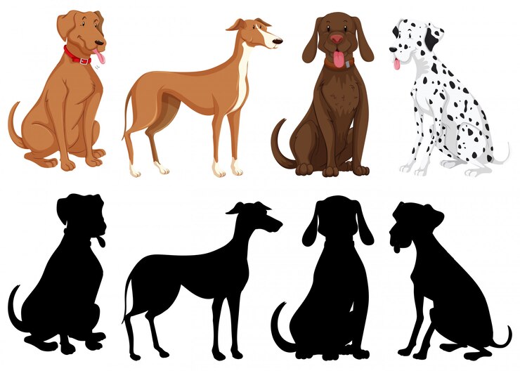 Vector Gratis siluet, warna, dan versi garis luar anjing yang diisolasi