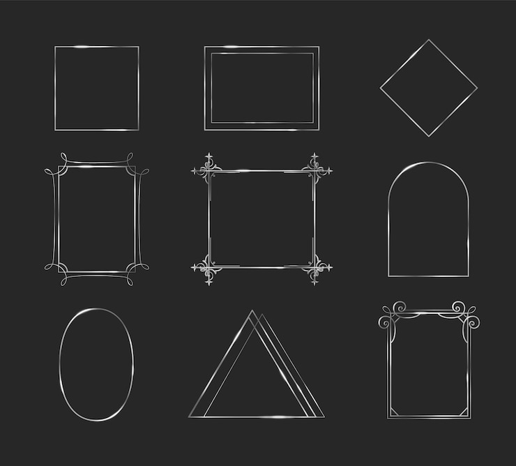 Vector Gratis silver frames set isolated on black background