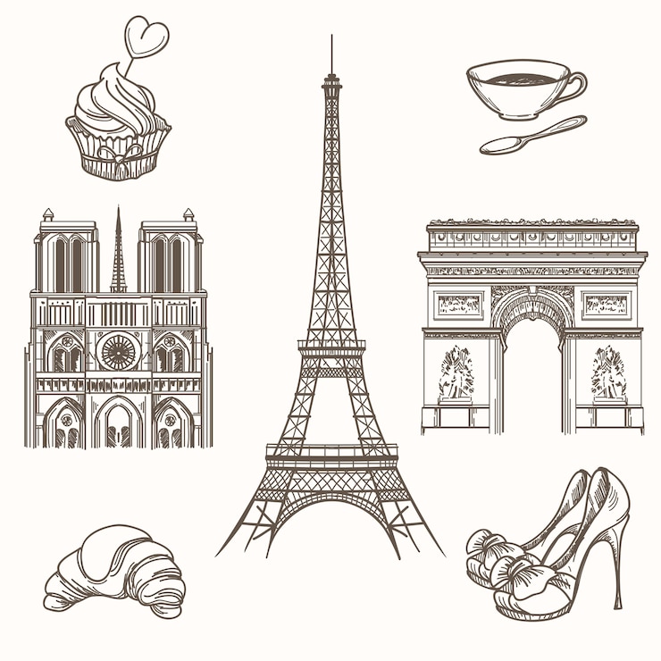 Vector Gratis simbol paris yang digambar tangan. ikon pariwisata prancis dan menara eiffel, notre dame, dan croissant. ilustrasi vektor tanda paris yang digambar tangan