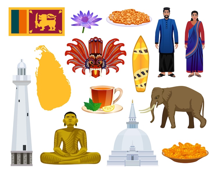 Vector Gratis simbol sri lanka atraksi wisata, budaya, makanan, landmark, pakaian, set warna-warni dengan gajah, mercusuar, bendera, ilustrasi vektor