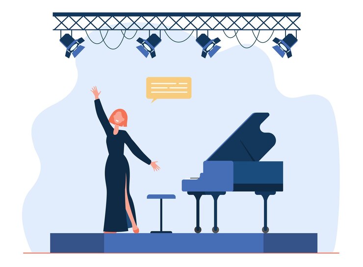 Vector Gratis singer performing on stage. singing woman, vocalist, great piano. cartoon illustration