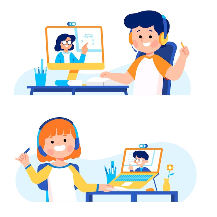 Vector Gratis siswa anak kecil belajar online di rumah dengan komputer laptop internet, ilustrasi