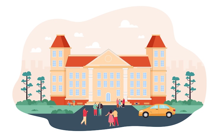 Vector Gratis siswa berjalan di depan ilustrasi vektor datar universitas. orang-orang muda menghabiskan waktu di kampus atau di dekat gedung kuliah di hari musim panas, bersantai dan berbicara. konsep lanskap, rekreasi