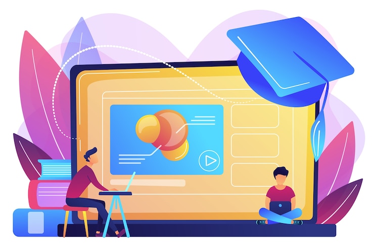 Vector Gratis siswa menggunakan video platform e-learning di laptop dan topi kelulusan. platform pendidikan online, platform e-learning, konsep pengajaran online.