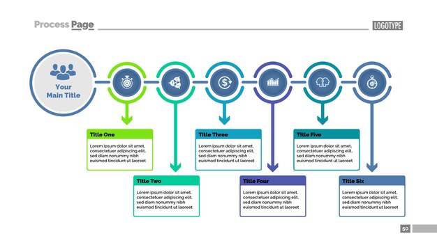 six steps process chart slide template. business data. flowchart, diagram