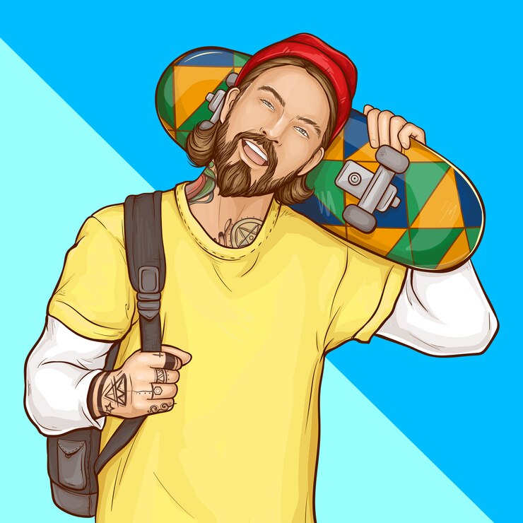 Vector Gratis skater boy, hipster holding skateboard, pop art