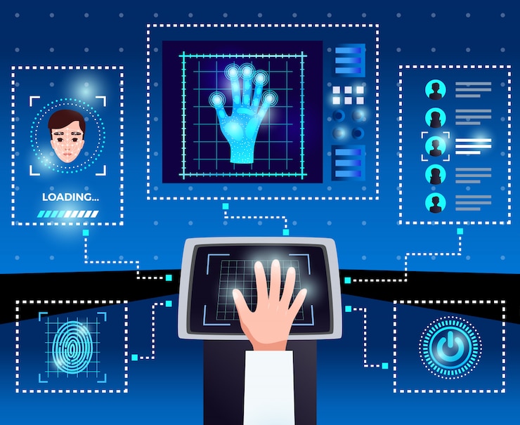 Vector Gratis skema teknologi komputer identifikasi dengan antarmuka layar sentuh terintegrasi untuk akses pengguna resmi yang aman latar belakang biru