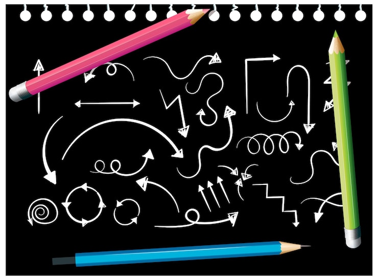 Vector Gratis sketch line doodles on black paper with colour pencils