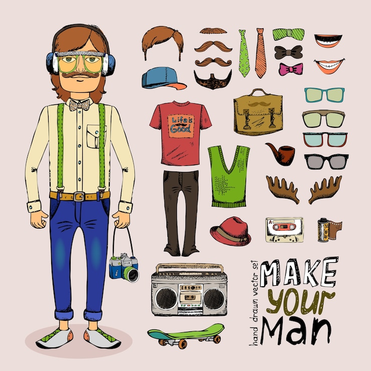 Vector Gratis sketch male hipster set with pipe hat glasses tape and briefcase in retro style