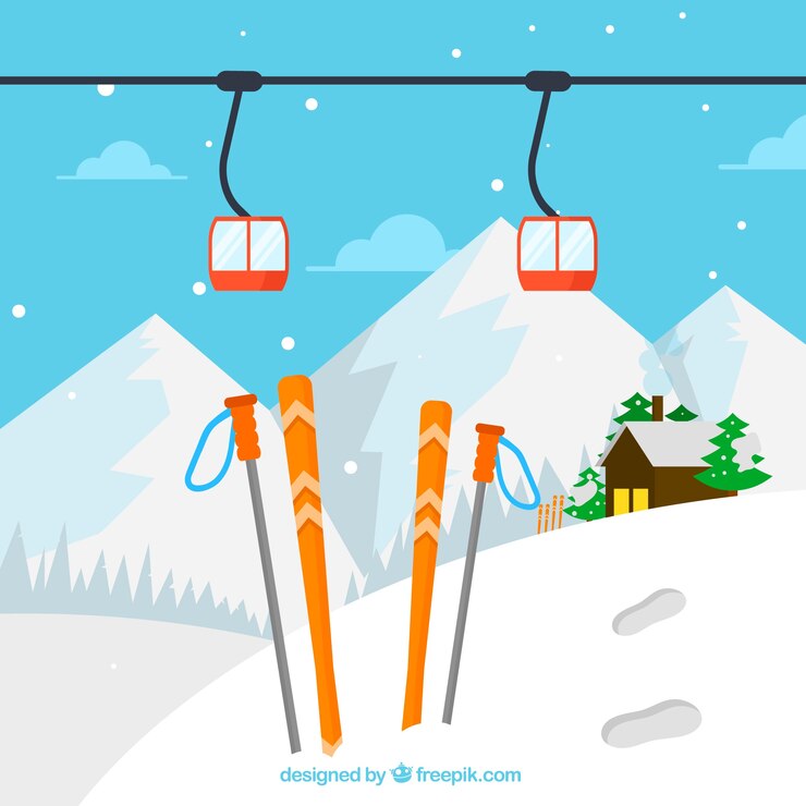Vector Gratis ski station design with skies in snow