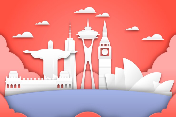 Vector Gratis skyline landmarks in paper style