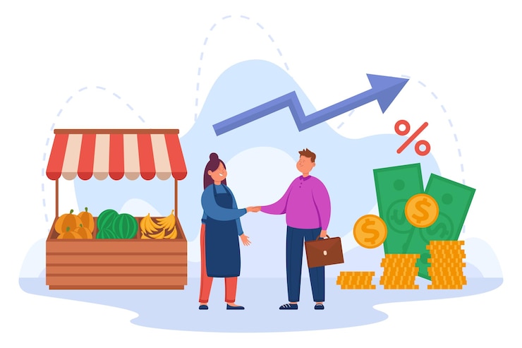 Vector Gratis small business owner shaking hands with moneylender.