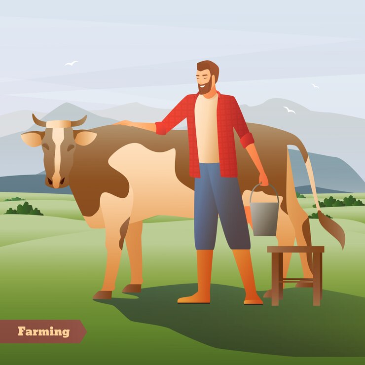 Vector Gratis smiling farmer with bucket near spotted cow on green pasture on mountain background flat composition