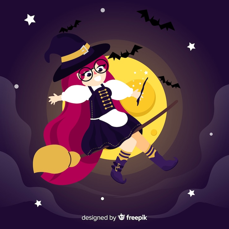 Vector Gratis smiling halloween witch flying in dark