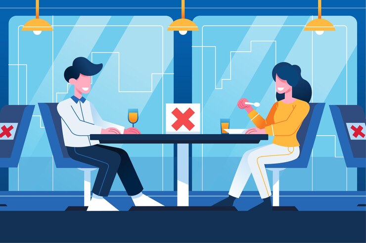 Vector Gratis social distancing couple in a restaurant