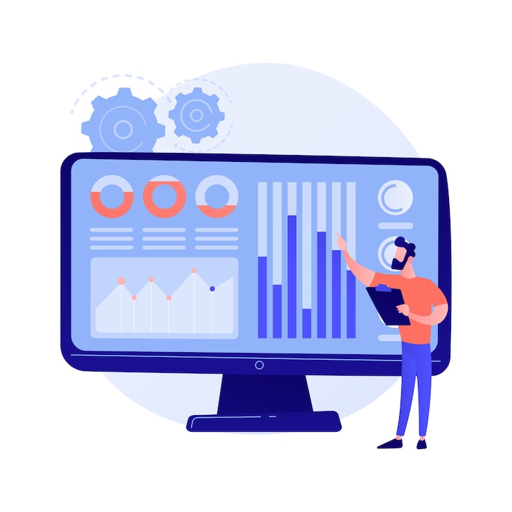 Vector Gratis social media data center. smm stats, digital marketing research, market trends analysis. female expert studying online survey results.