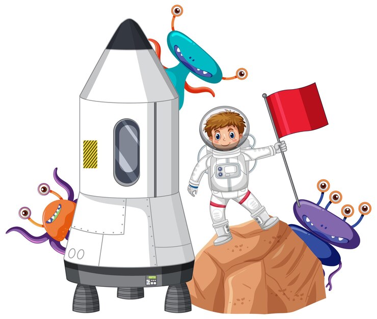 Vector Gratis spaceship with astronaut and alien on white background