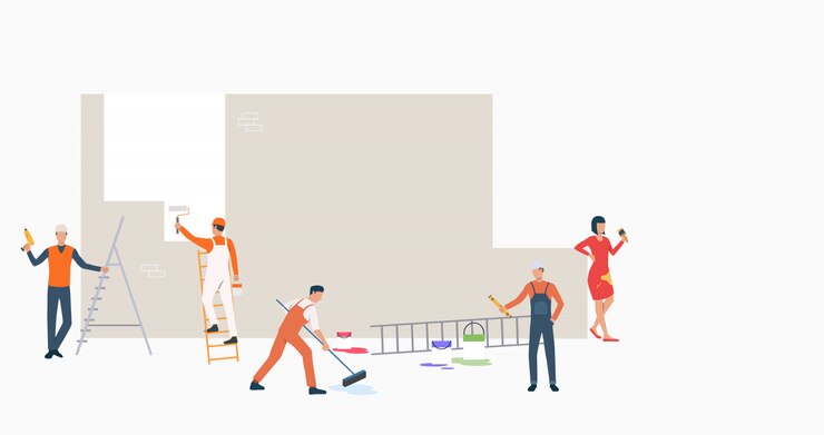 Vector Gratis spanduk sekelompok pembangun dengan alat mengecat dinding