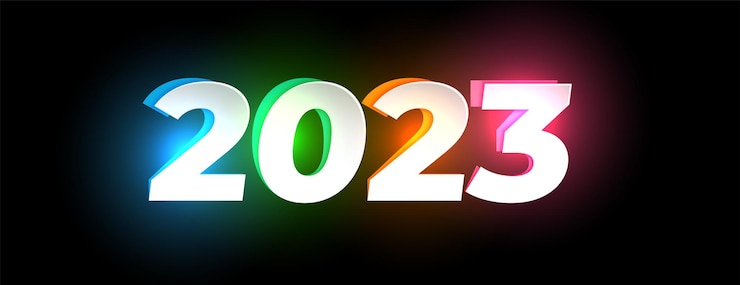 Vector Gratis spanduk selamat tahun baru dengan teks 2023 bercahaya warna-warni