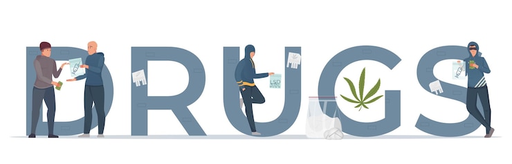 Vector Gratis spanduk teks datar perdagangan narkoba dengan pengedar memegang paket berisi bubuk dan pil, ilustrasi vektor