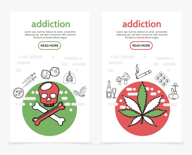 Vector Gratis spanduk vertikal kecanduan berbahaya dengan tengkorak, tulang bersilang, alat suntik, dadu, paru-paru sakit, ganja, tembakau