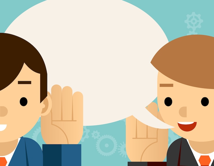 Vector Gratis speaking and listening. one man holds hand at his ear and the other says. bubble information, hearing and whisper