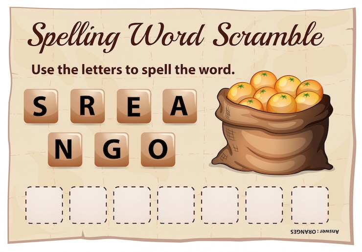 Vector Gratis spelling word scramble game for word oranges