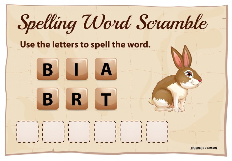 Vector Gratis spelling word scramble game template with word rabbit