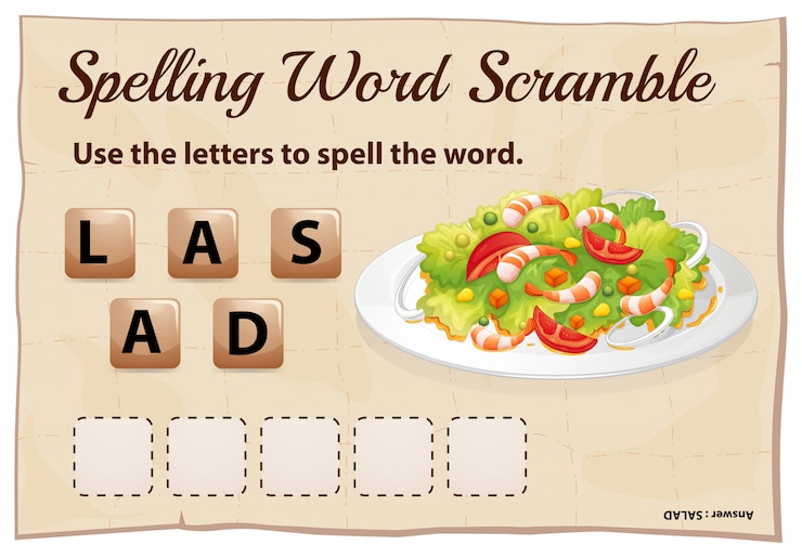 Vector Gratis spelling word scramble game template with word salad