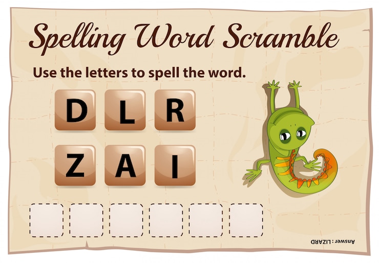 Vector Gratis spelling word scramble game with word lizard