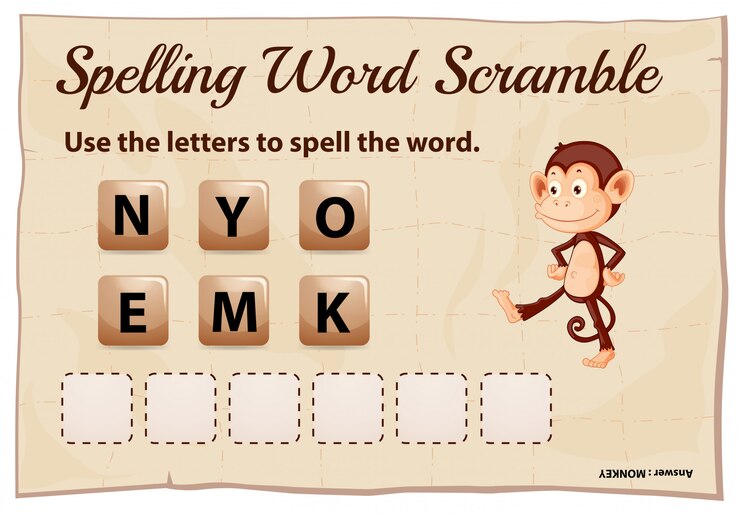 Vector Gratis spelling word scramble game with word monkey