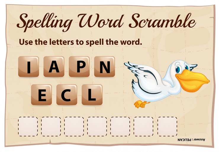 Vector Gratis spelling word scramble game with word pelican
