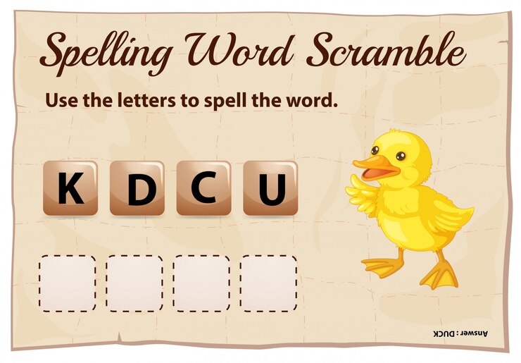 Vector Gratis spelling word scramble template for word duck